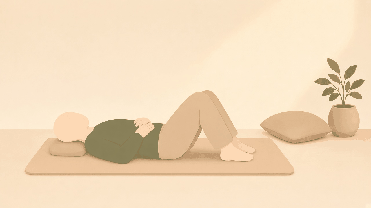 Lying on the back with knees bent and both hands resting on the tummy, breathing slowly.