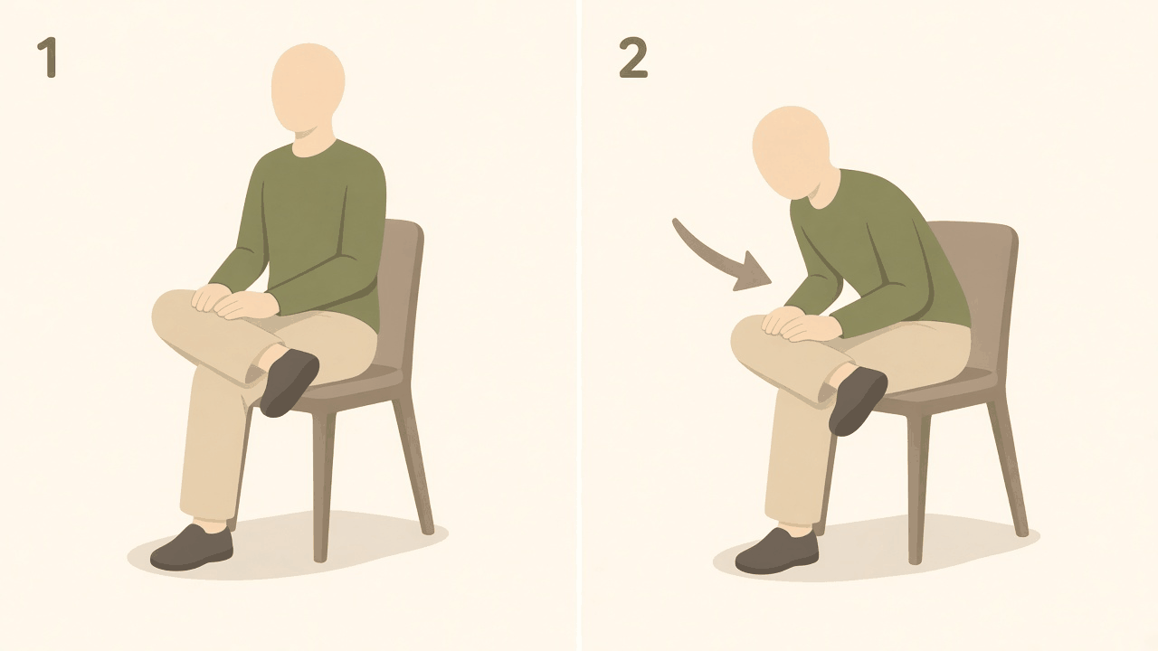 Seated hip stretch: 1, one ankle resting on the opposite knee, sitting tall; 2, the same position with a gentle lean forward from the hips.