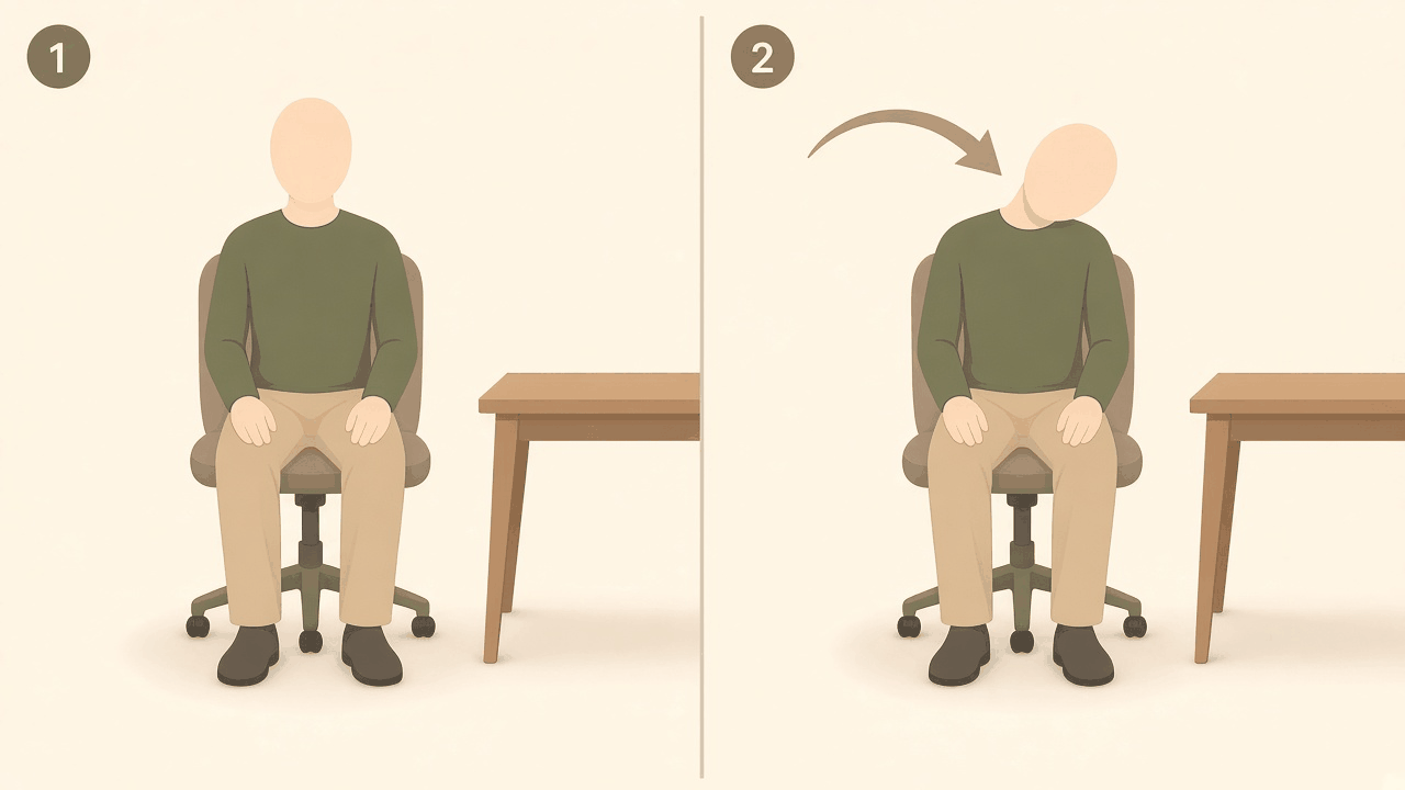 Neck stretch at a desk: 1, sitting tall with the head straight; 2, the head tipped sideways so the ear moves towards the shoulder.