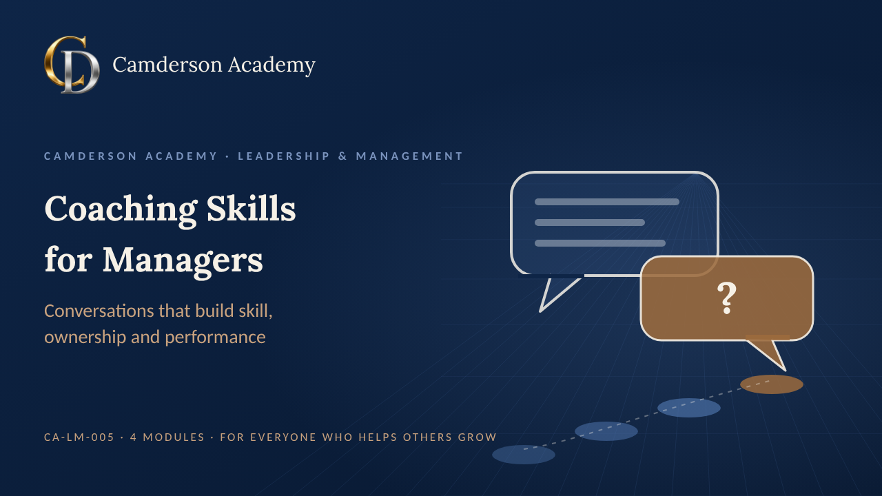 Coaching Skills for Managers course cover, Camderson Academy