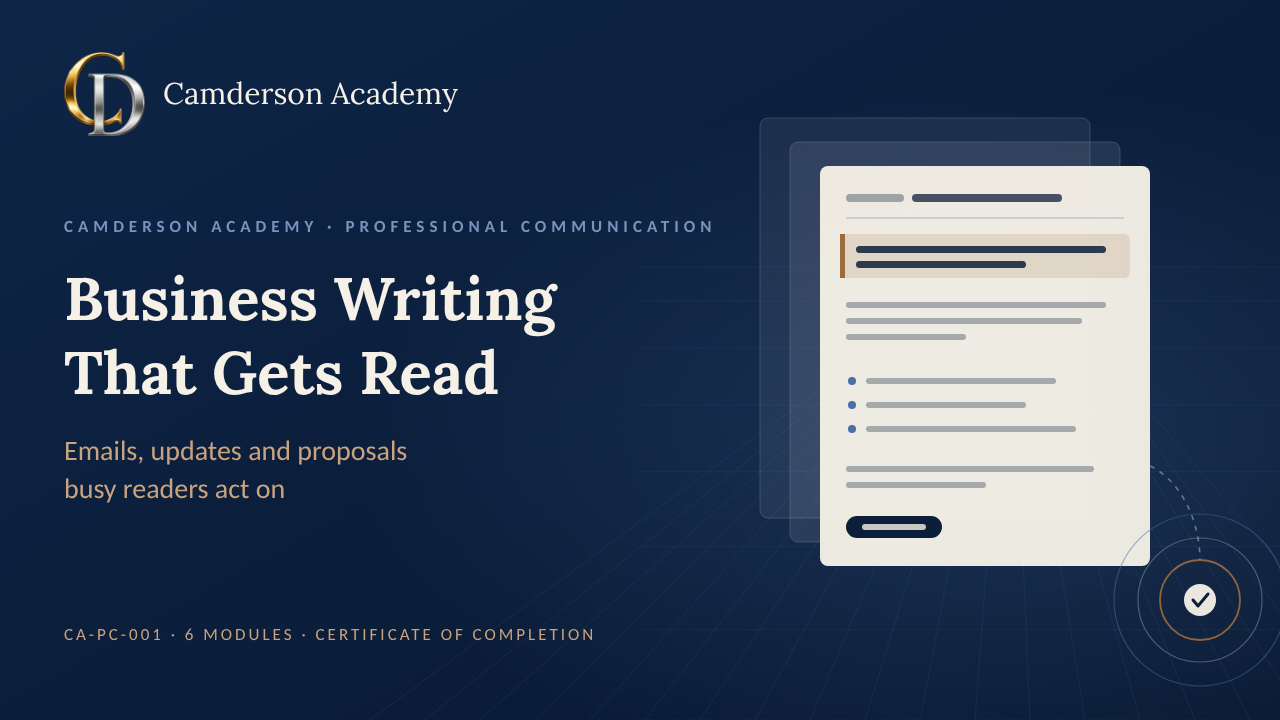 Business Writing That Gets Read course cover, Camderson Academy