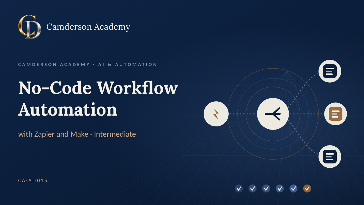 No-Code Workflow Automation with Zapier and Make course cover, Camderson Academy