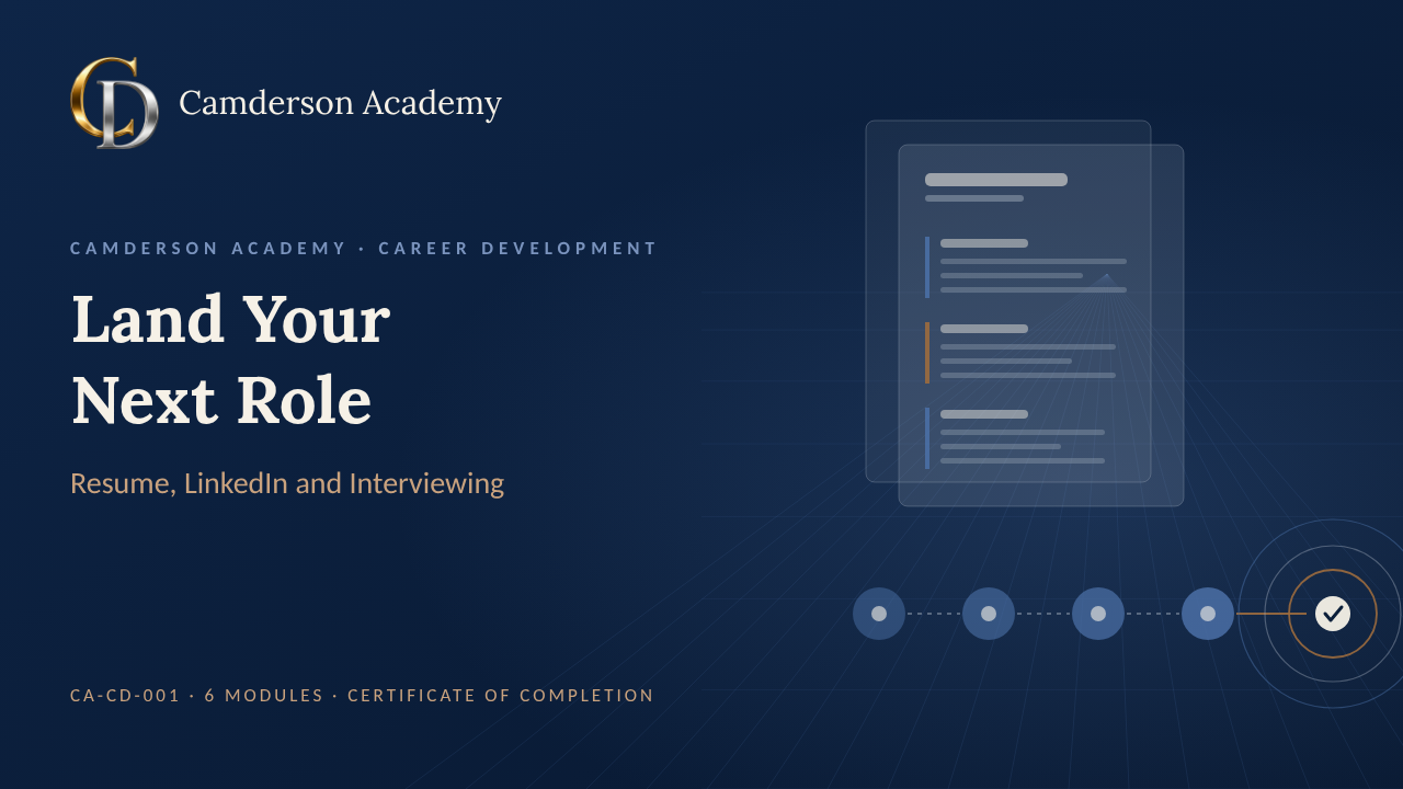 Land Your Next Role: Resume, LinkedIn and Interviewing course cover, Camderson Academy