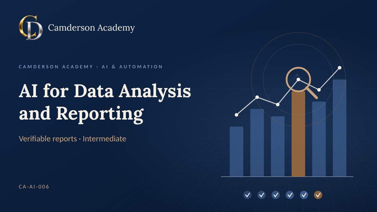 AI for Data Analysis and Reporting course cover, Camderson Academy