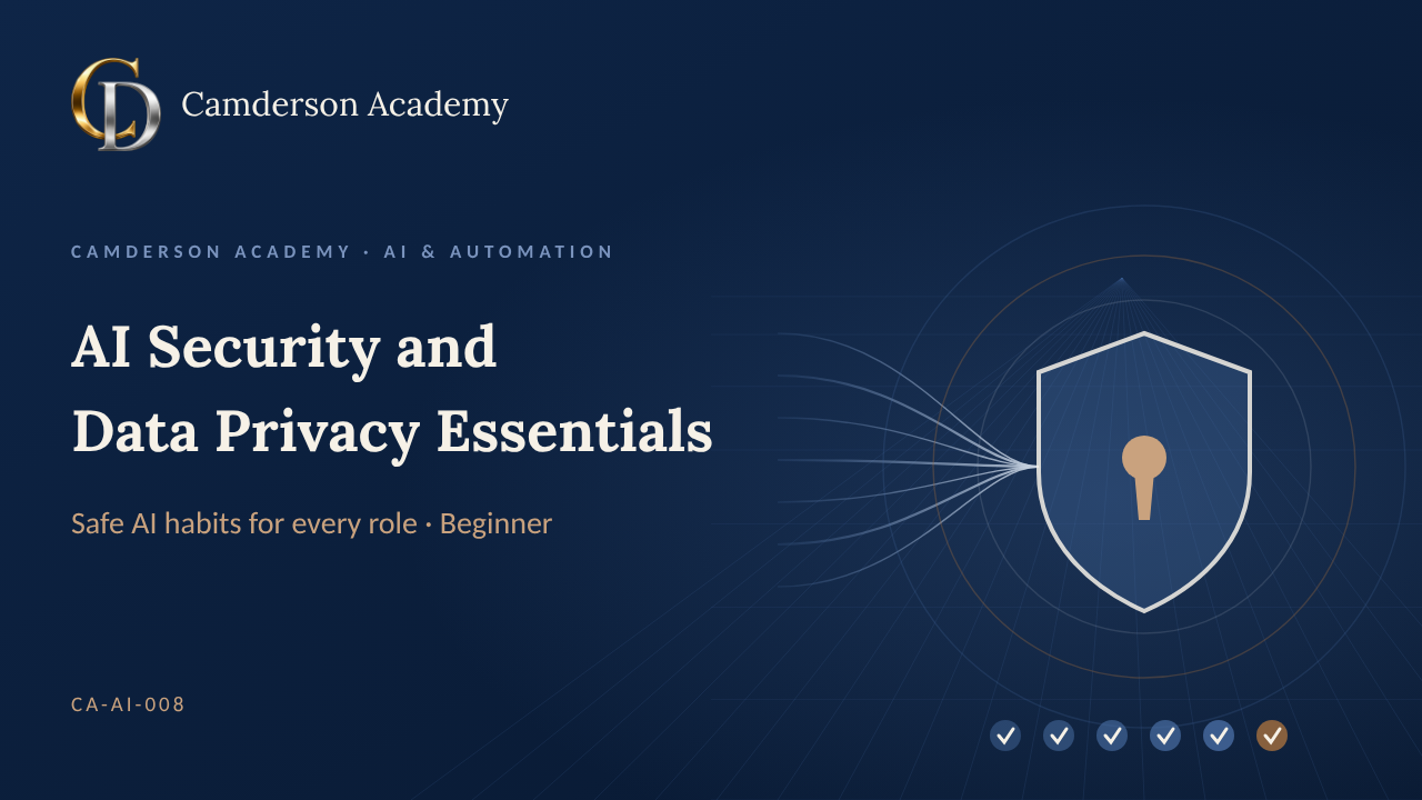 AI Security and Data Privacy Essentials course cover, Camderson Academy