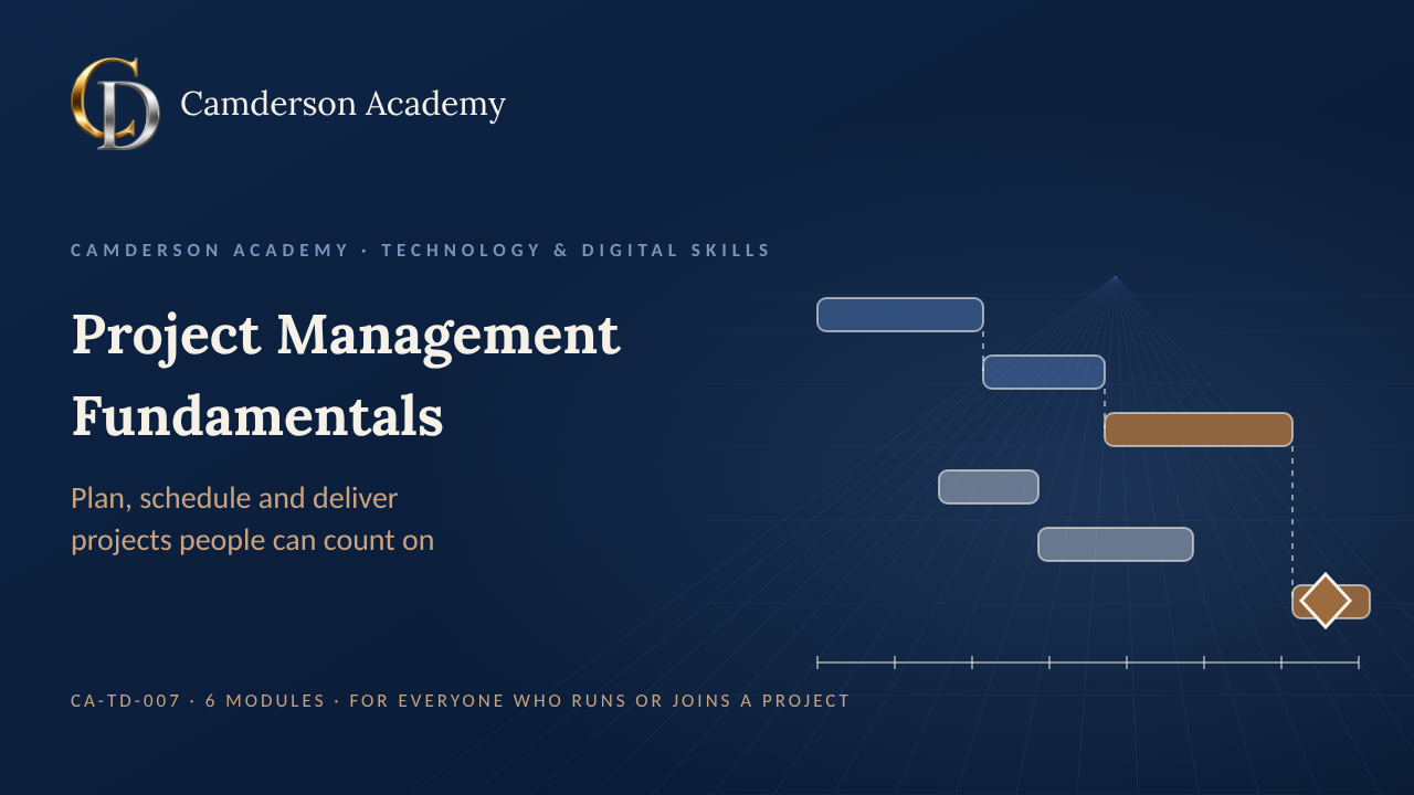 Project Management Fundamentals course cover, Camderson Academy