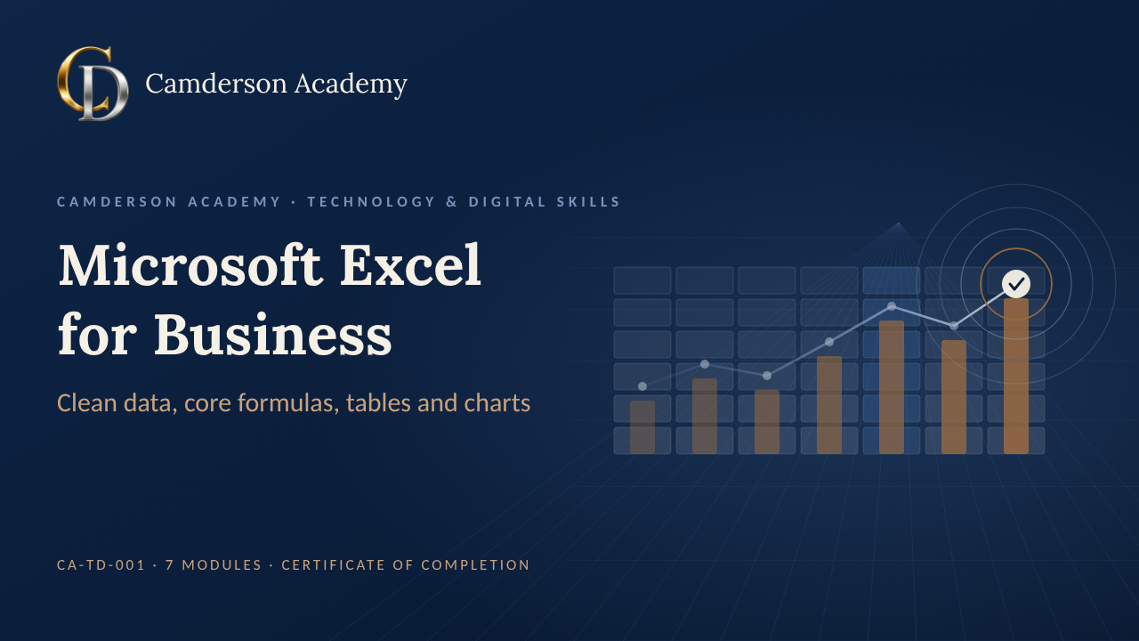 Microsoft Excel for Business course cover, Camderson Academy