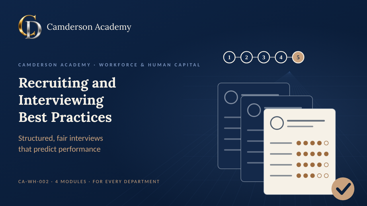 Recruiting and Interviewing Best Practices course cover, Camderson Academy