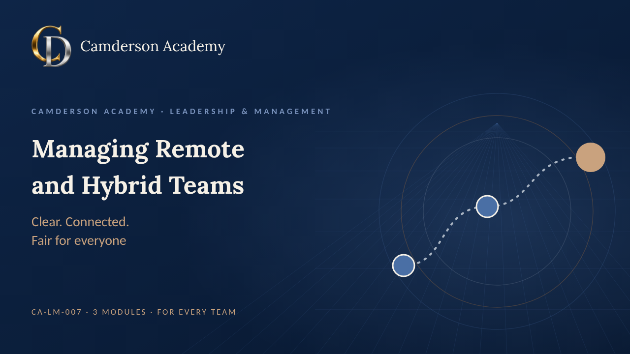 Managing Remote and Hybrid Teams course cover, Camderson Academy