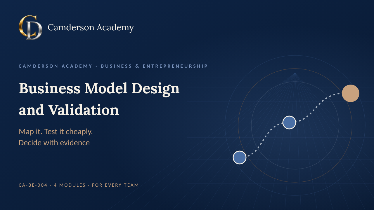 Business Model Design and Validation course cover, Camderson Academy