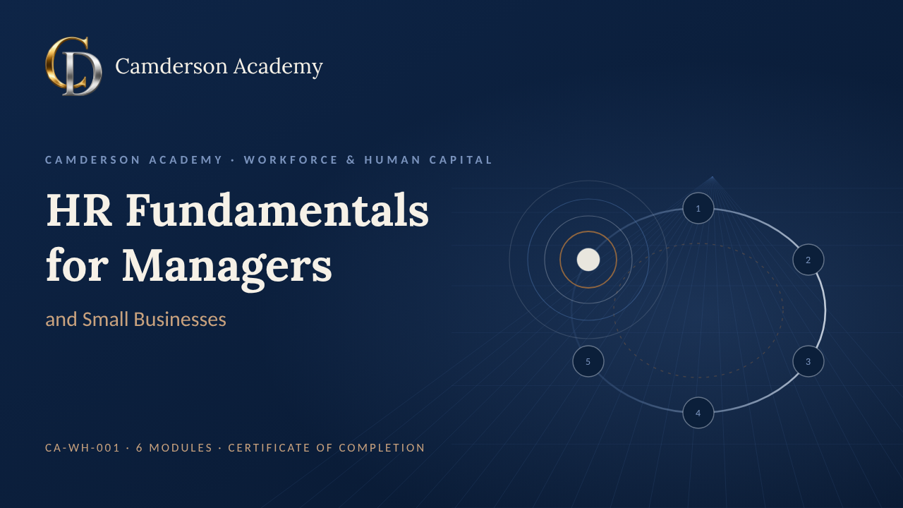 HR Fundamentals for Managers and Small Businesses course cover, Camderson Academy