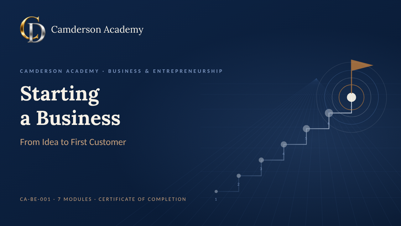 Starting a Business: From Idea to First Customer course cover, Camderson Academy