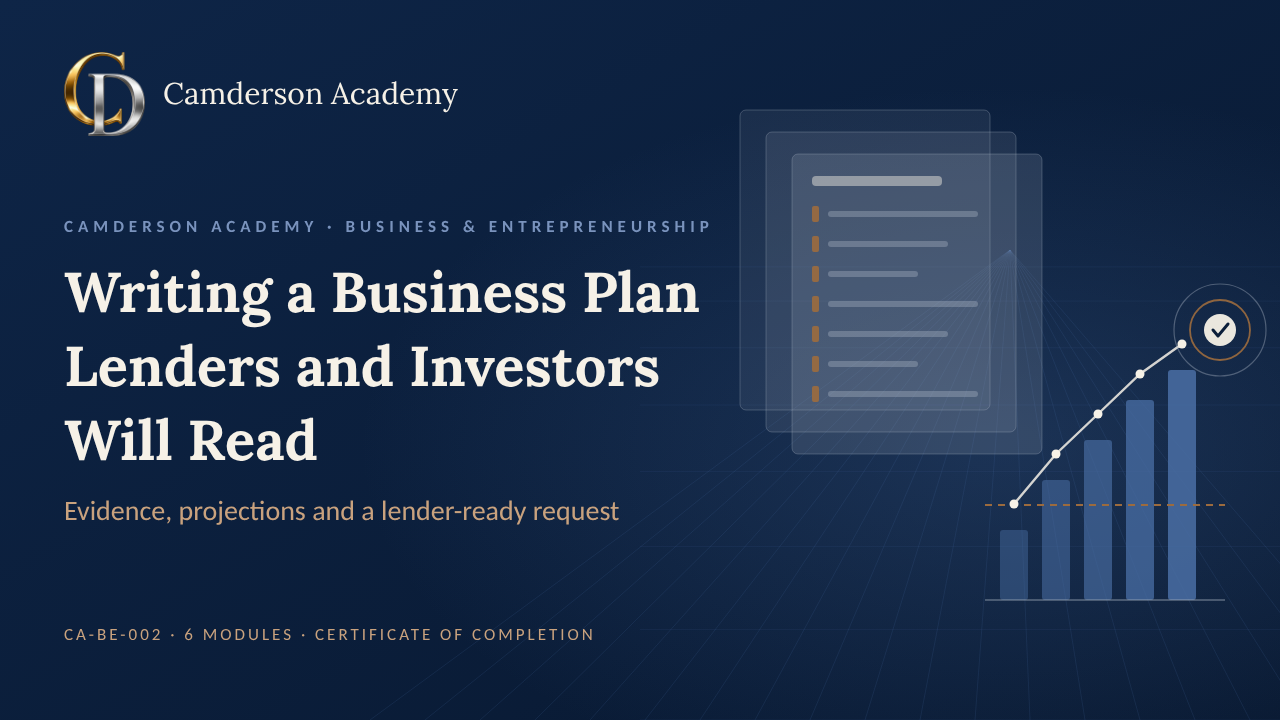 Writing a Business Plan Lenders and Investors Will Read course cover, Camderson Academy