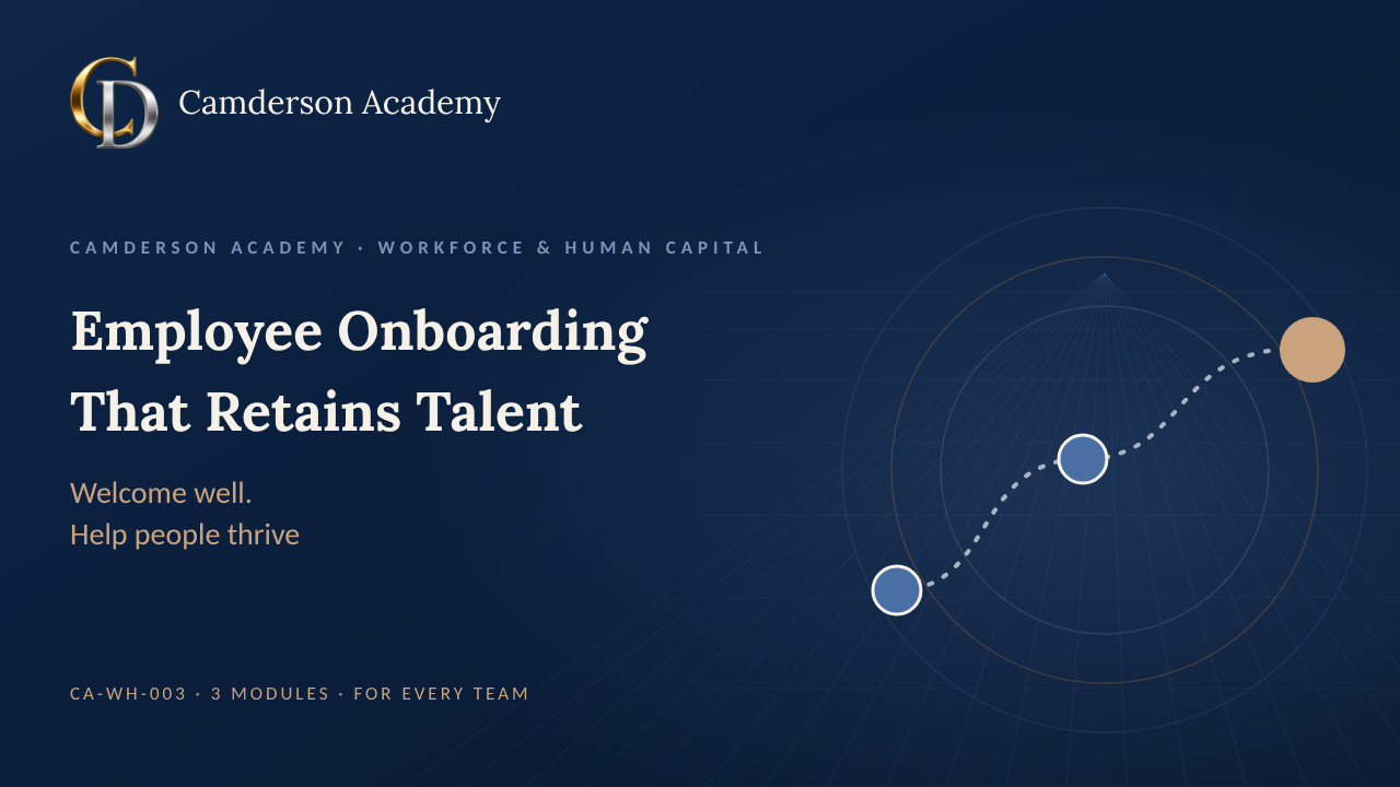 Employee Onboarding That Retains Talent course cover, Camderson Academy
