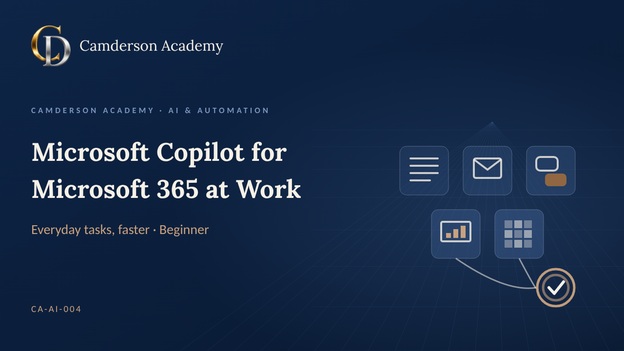 Microsoft Copilot for Microsoft 365 at Work course cover, Camderson Academy