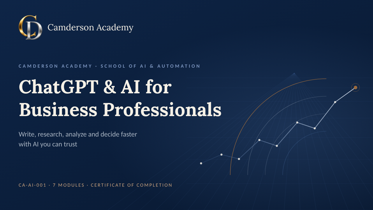 ChatGPT & AI for Business Professionals course cover, Camderson Academy