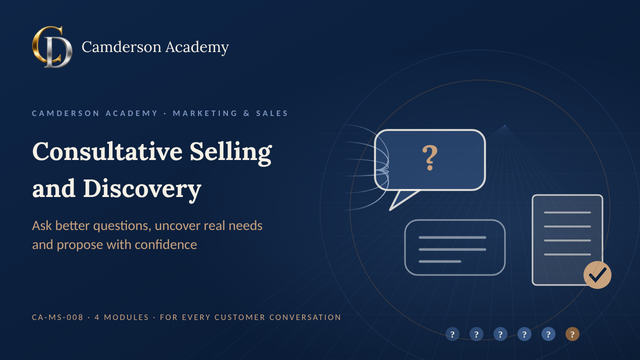 Consultative Selling and Discovery course cover, Camderson Academy