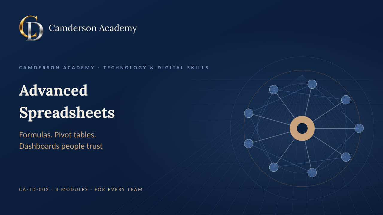Advanced Spreadsheets course cover, Camderson Academy