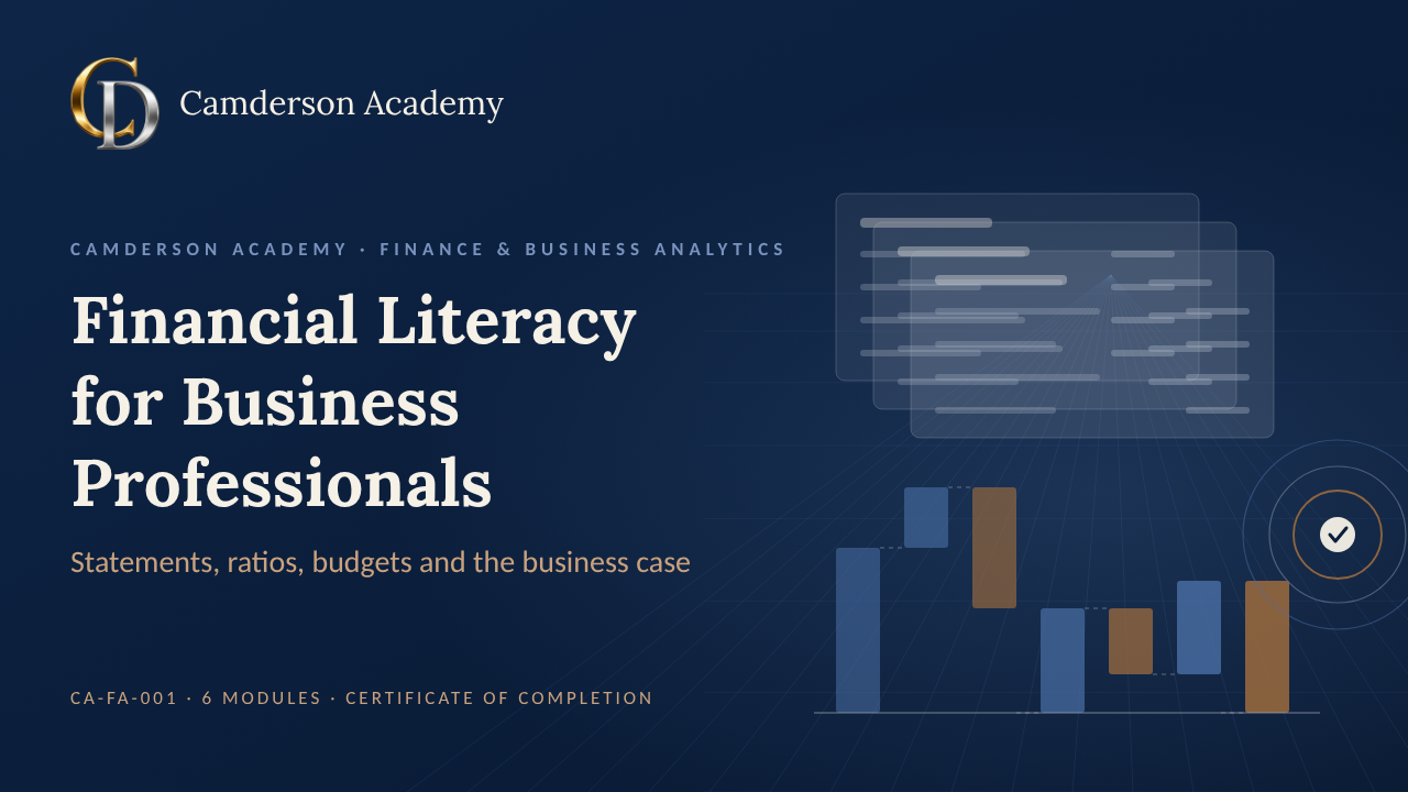 Financial Literacy for Business Professionals course cover, Camderson Academy