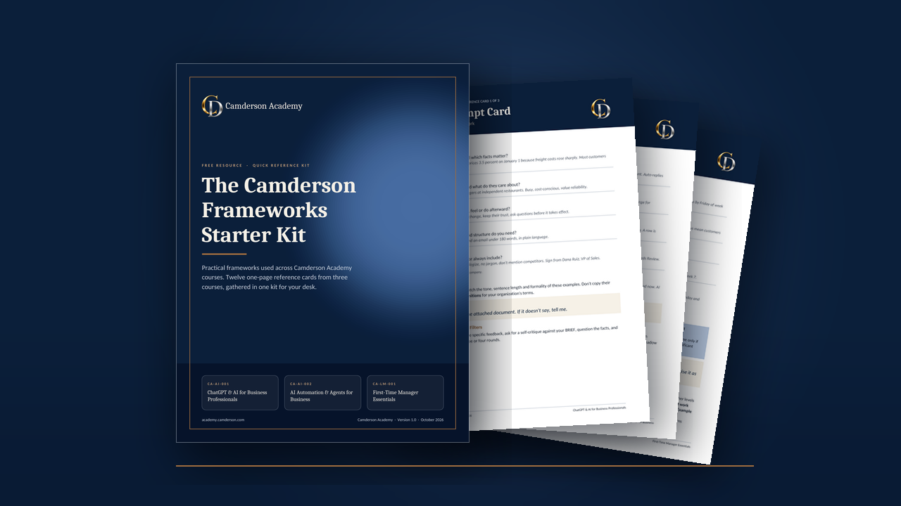 The Camderson Frameworks Starter Kit cover with quick reference cards fanned behind it
