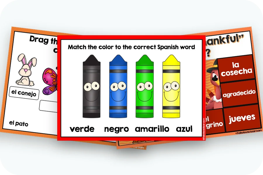 Three Boom Cards screens: animals, colors and Thanksgiving vocabulary