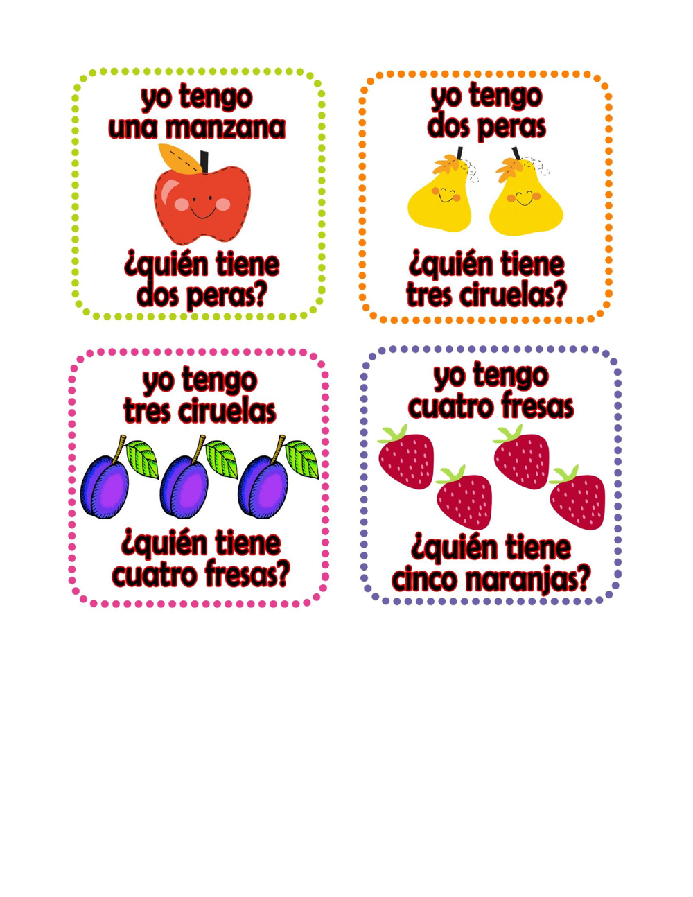 A page of four Very Hungry Caterpillar Yo Tengo cards: una manzana, dos peras, tres ciruelas and cuatro fresas