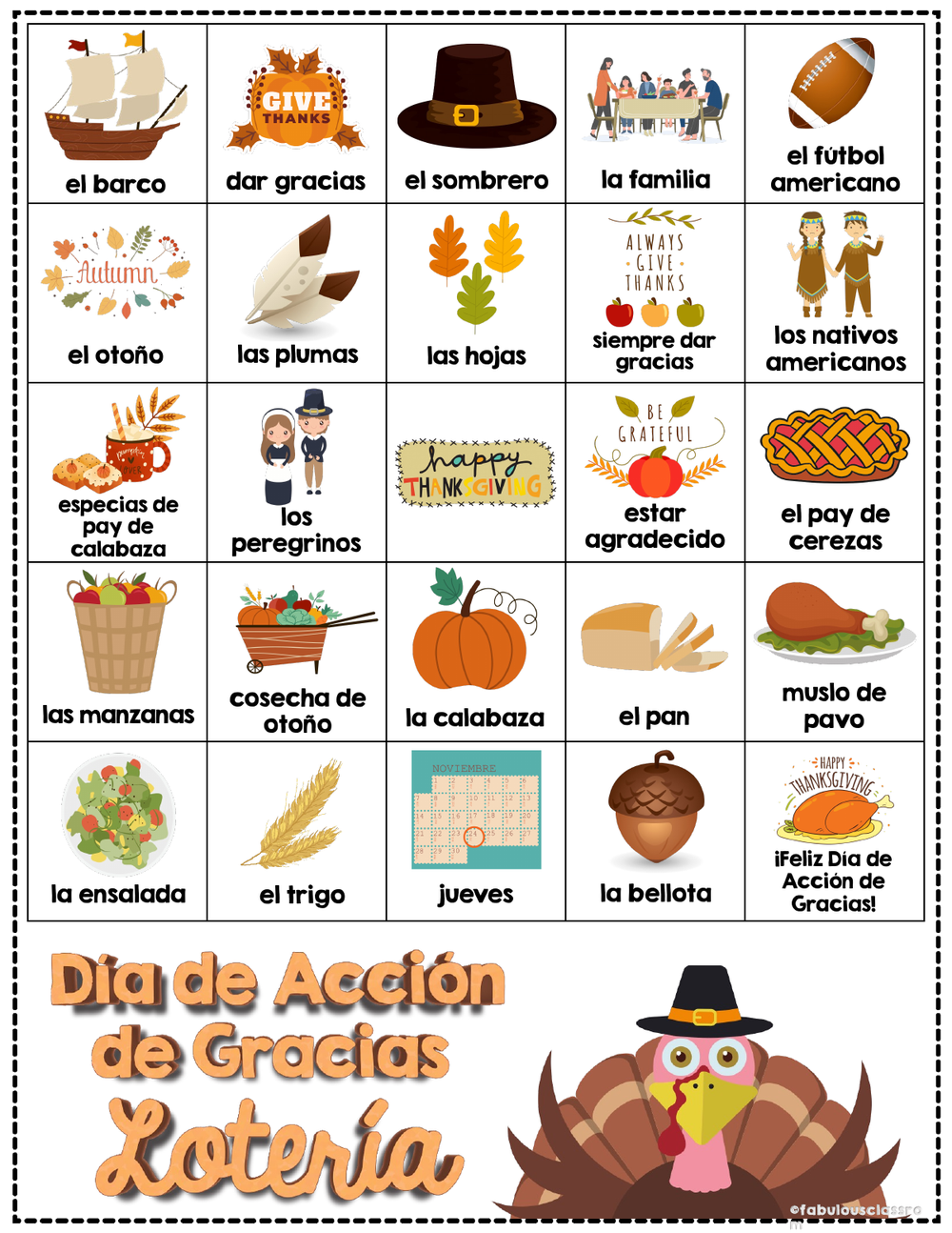 A Spanish Thanksgiving bingo board with pictures and their Spanish words, like el barco, dar gracias and el pay de cerezas