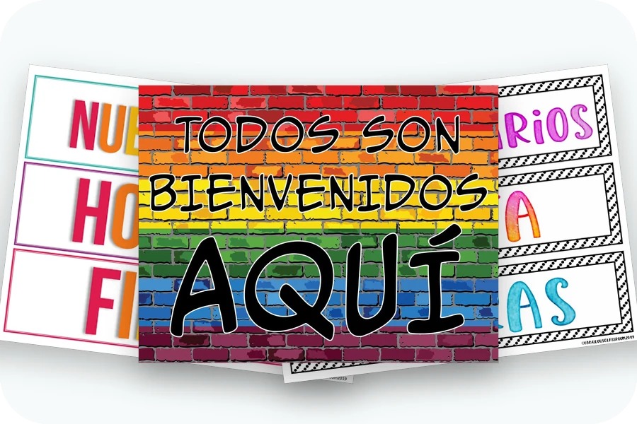 Three classroom decor pages: bilingual schedule cards, a Todos Son Bienvenidos sign and watercolor drawer labels