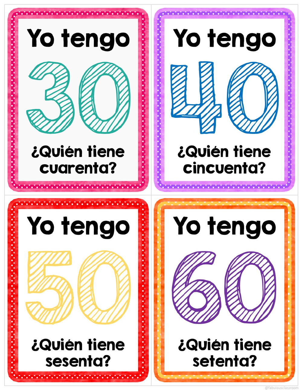 Yo tengo quien tiene Spanish numbers game cards for 30, 40, 50 and 60