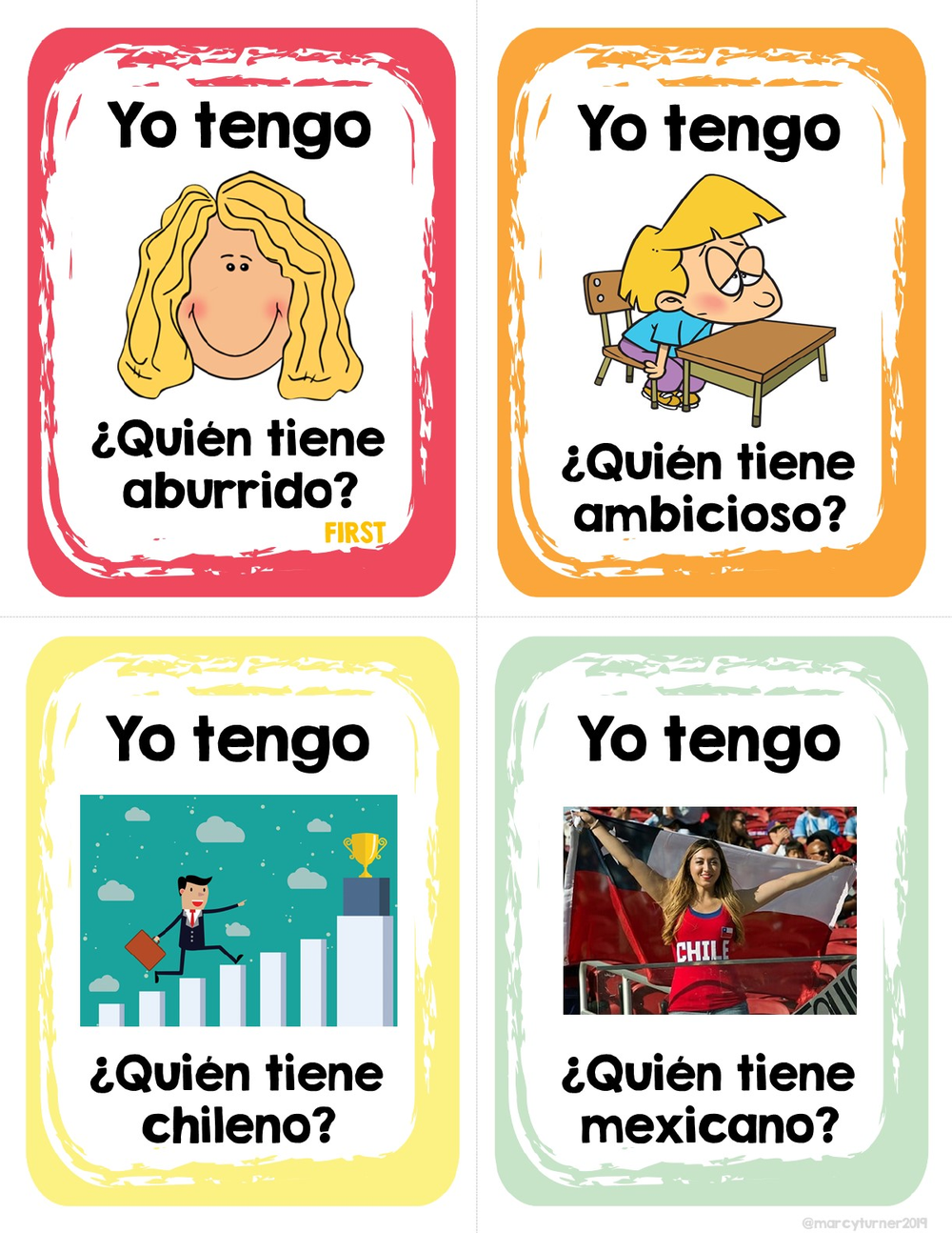 The first page of the free Así se Dice 1 Chapter 1 Yo Tengo game: four picture cards that ask ¿Quién tiene aburrido, ambicioso, chileno and mexicano?