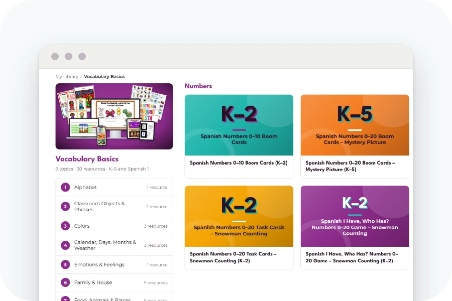 The Vocabulary Basics course page with its topics and resources