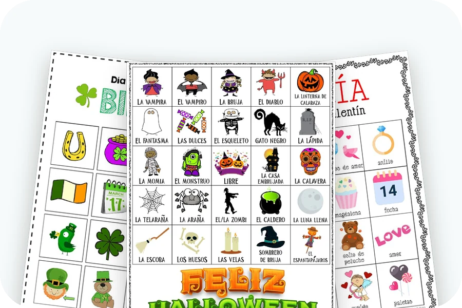 Three bingo boards: St. Patrick's Day, Halloween Lotería and Valentine's Day Lotería