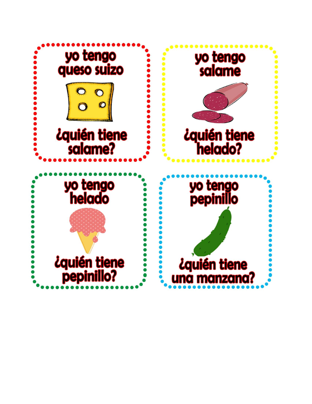 A page of four Very Hungry Caterpillar Yo Tengo cards in Spanish: queso suizo, salame, helado and pepinillo
