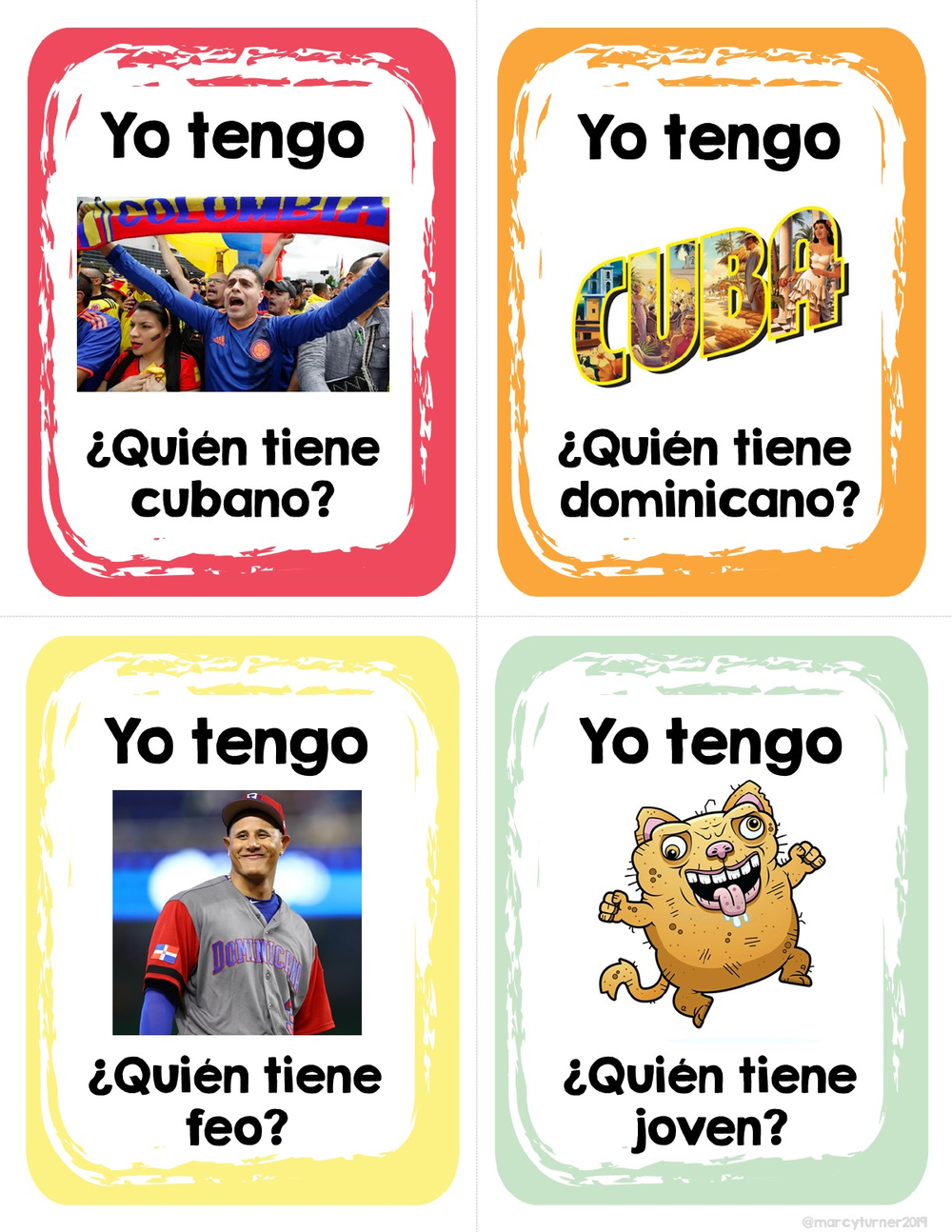 A page of four Yo Tengo cards that ask ¿Quién tiene cubano, dominicano, feo and joven? with a flag-waving crowd, the word CUBA, a baseball player and a cartoon monster