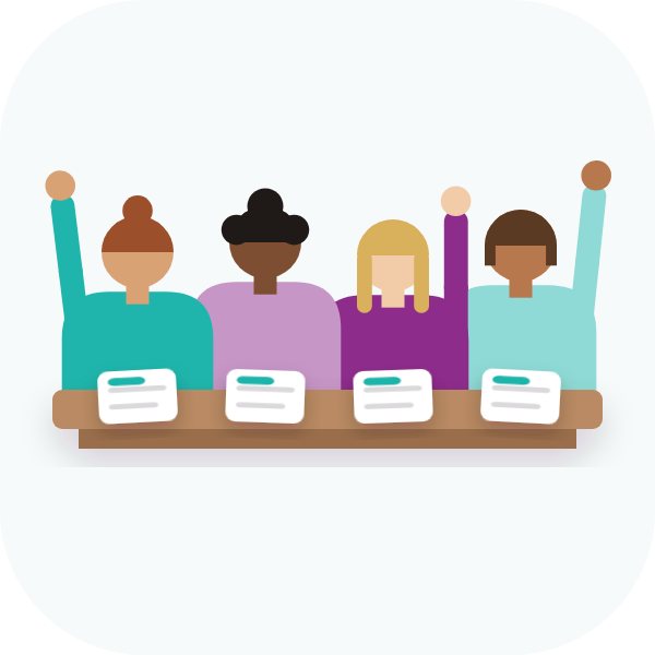 Four students at a long desk, three with a hand up