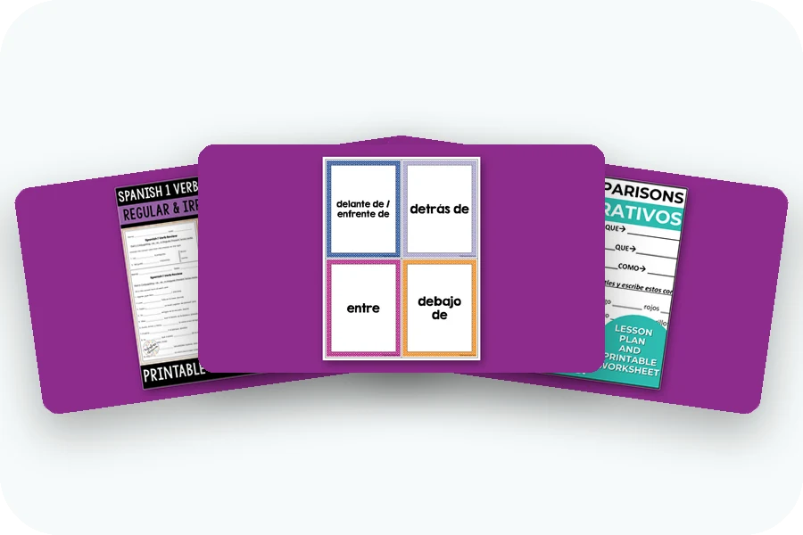 Three Grammar & Verbs covers: present tense worksheets, prepositions and question words, and comparisons