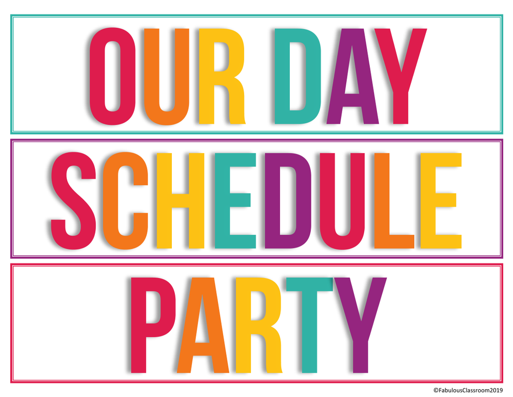 The first page of the bilingual schedule cards: three English cards that read OUR DAY, SCHEDULE and PARTY