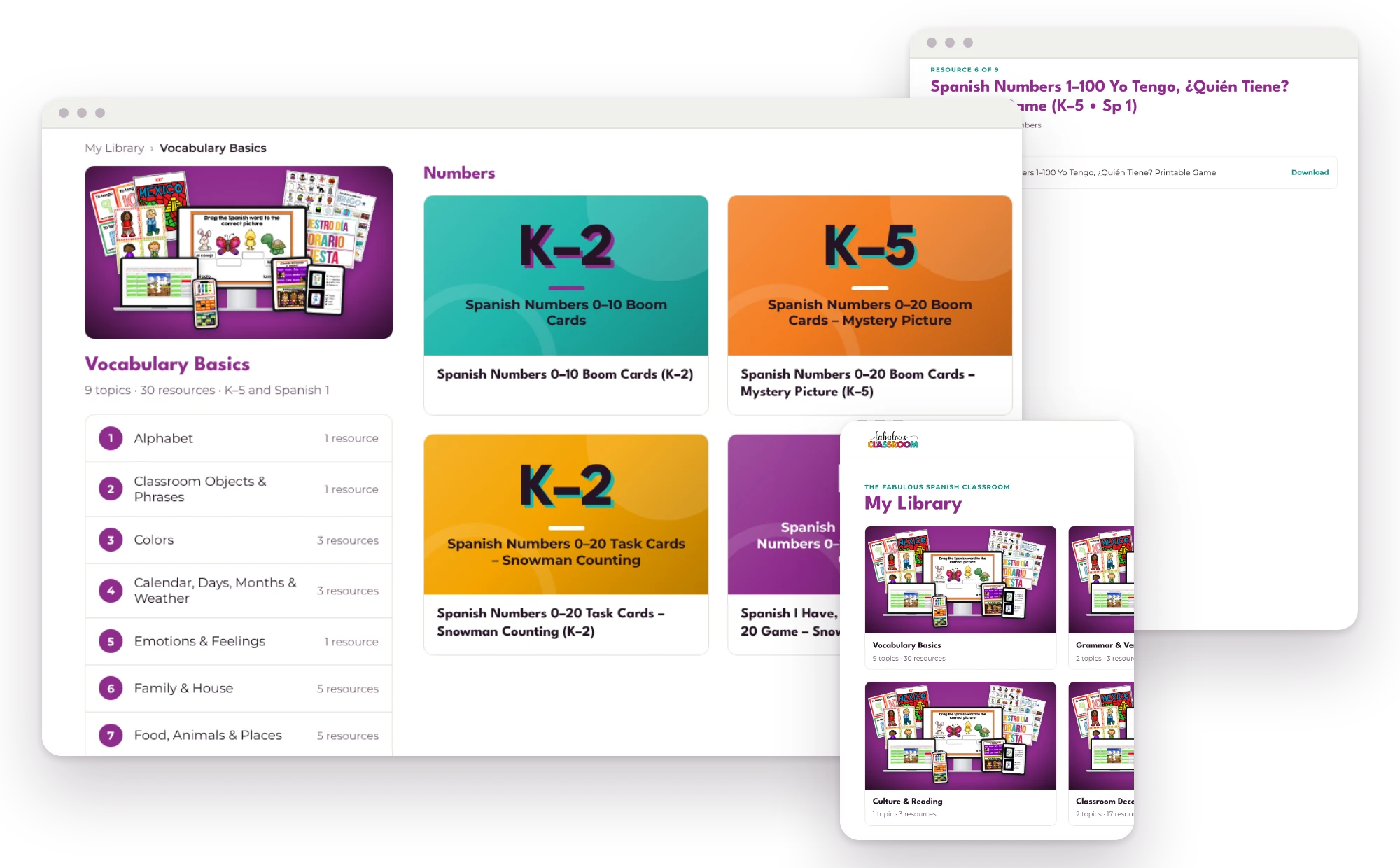 Three screens of the member area: a course page, a resource page and the library