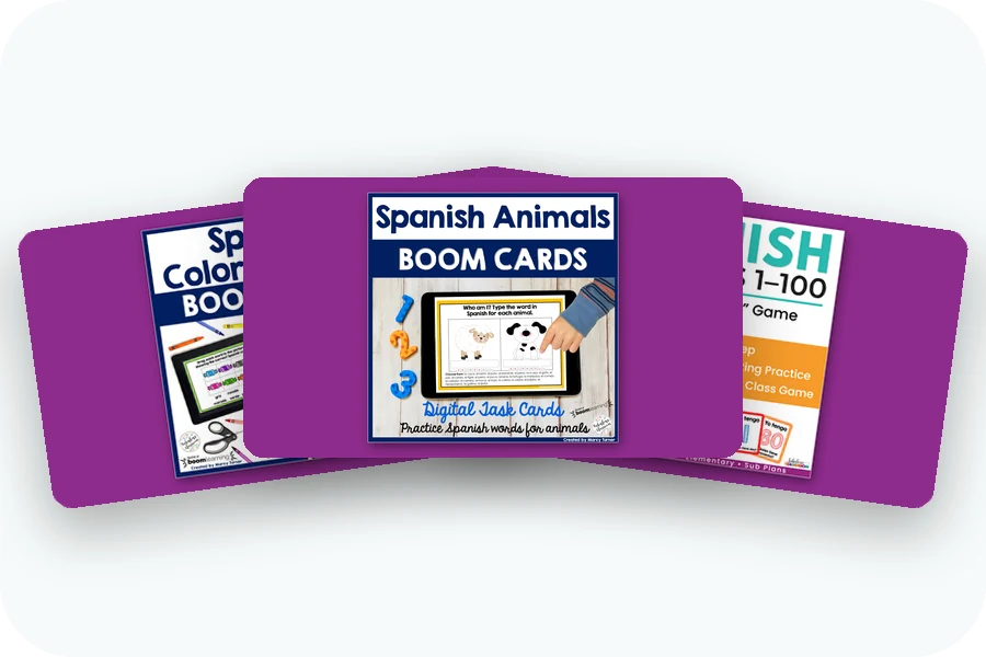 Three Vocabulary Basics covers: Colors Boom Cards, Animals Boom Cards and a numbers Yo Tengo game