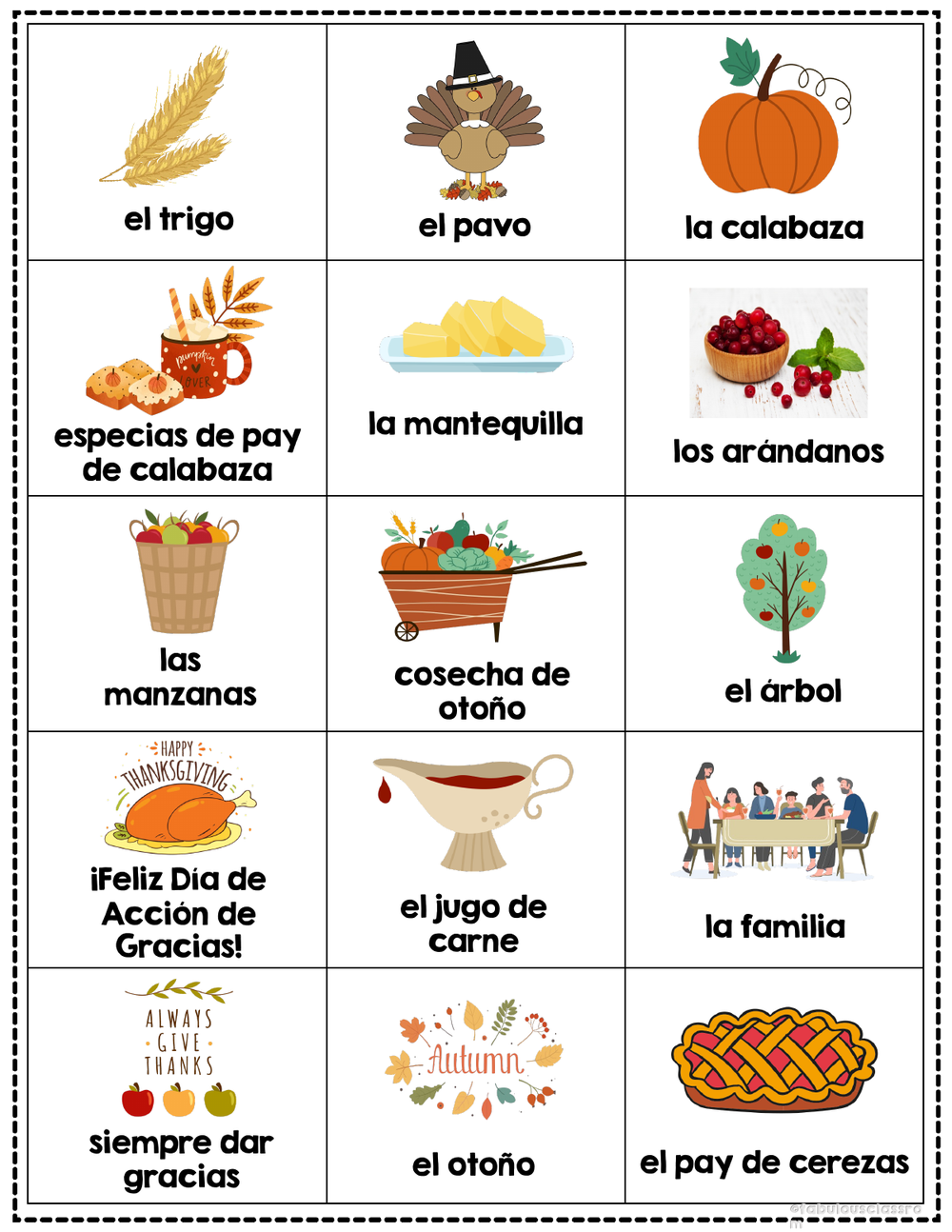 A page of Spanish Thanksgiving bingo calling cards: el trigo, el pavo, la calabaza, la mantequilla and more