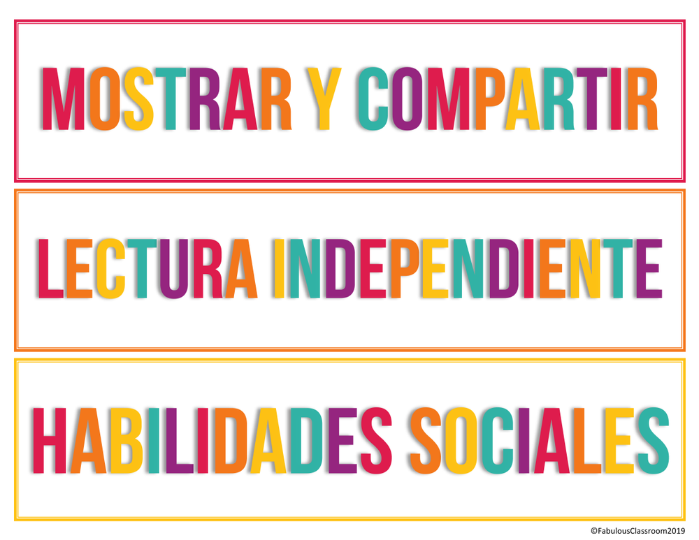 A page of Spanish schedule cards with the long words MOSTRAR Y COMPARTIR, LECTURA INDEPENDIENTE and HABILIDADES SOCIALES