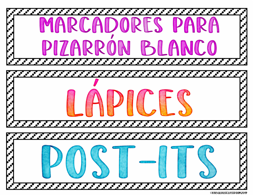 A page of the Spanish classroom labels with MARCADORES PARA PIZARR&Oacute;N BLANCO on two lines, L&Aacute;PICES and POST-ITS