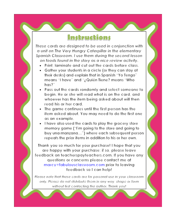 The instructions page of the free Very Hungry Caterpillar Yo Tengo game in Spanish