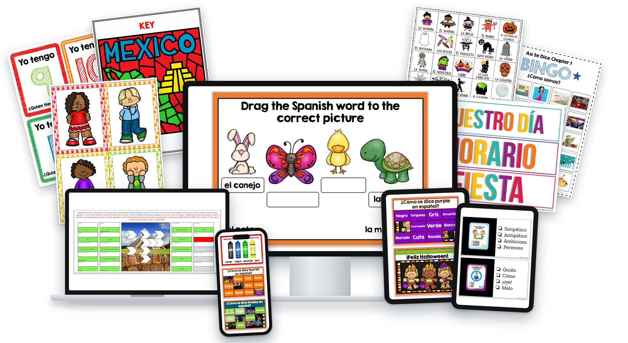 The Fabulous Spanish Classroom membership on a desktop, laptop, two tablets and a phone showing Boom Cards and digital activities, with printed Spanish pages behind