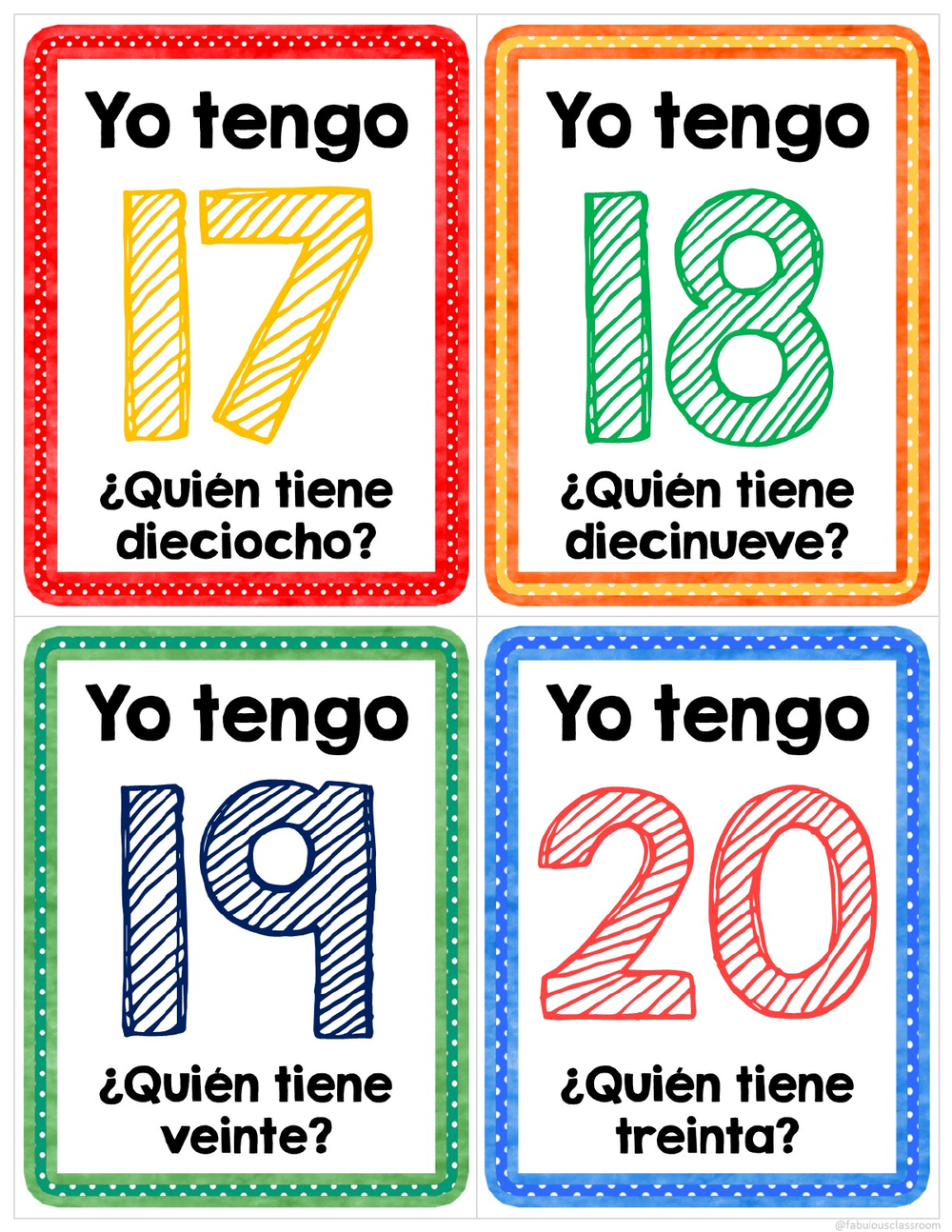 Spanish numbers game cards for 17, 18, 19 and 20, each with a Yo tengo statement and a question