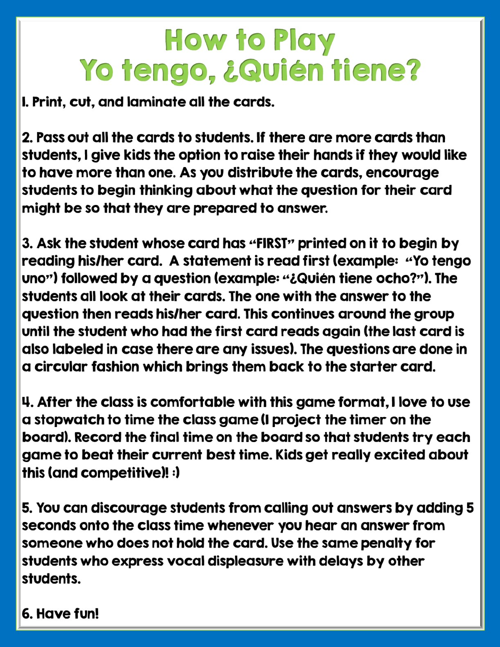 How to teach Spanish numbers with Yo Tengo, &iquest;Qui&eacute;n Tiene?: the how to play page from the free file