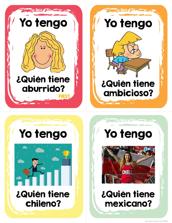 The first Yo Tengo cards of the free Así se Dice 1 Chapter 1 game, a Spanish descriptive adjectives game