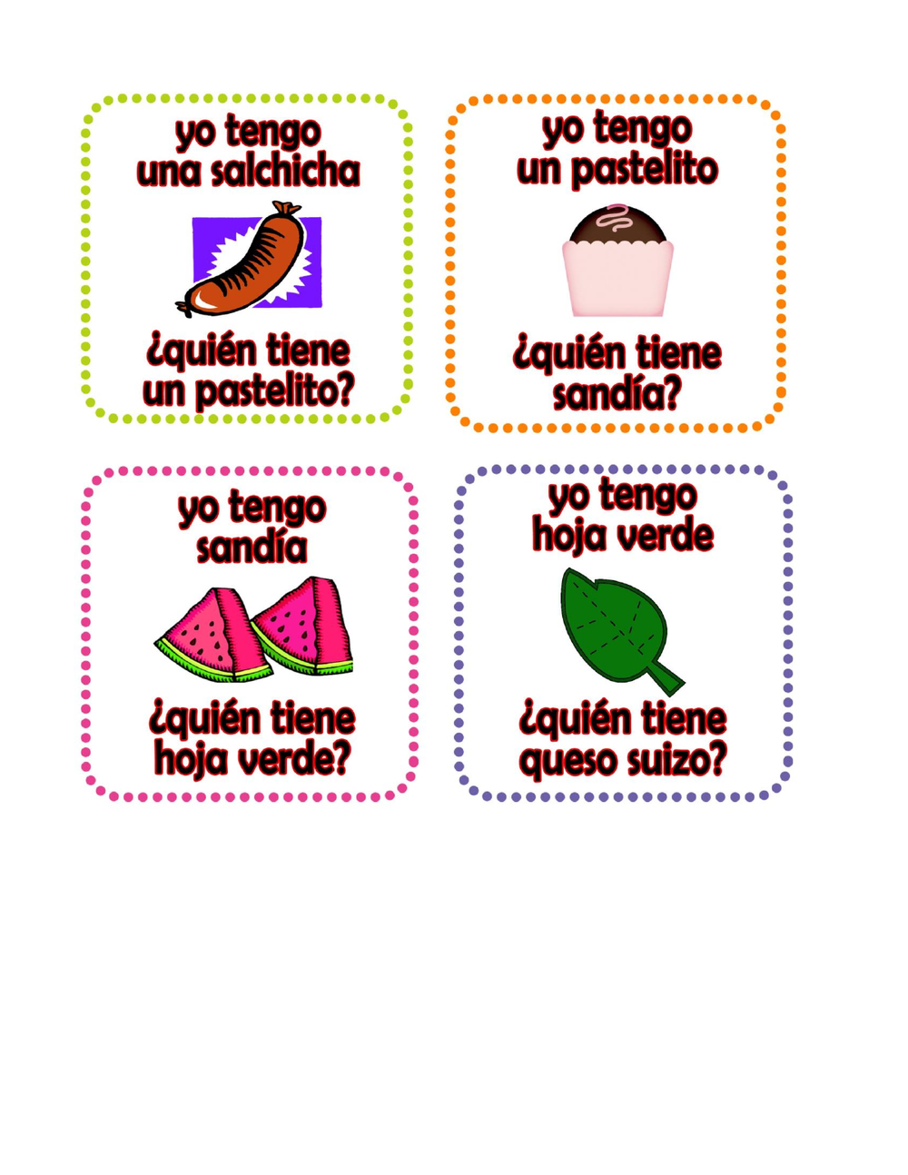A page of four Very Hungry Caterpillar Yo Tengo cards: una salchicha, un pastelito, sand&iacute;a and hoja verde