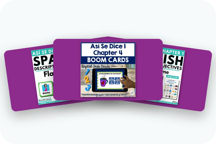 Three Textbook Aligned covers: Así se Dice flashcards, Boom Cards and bingo