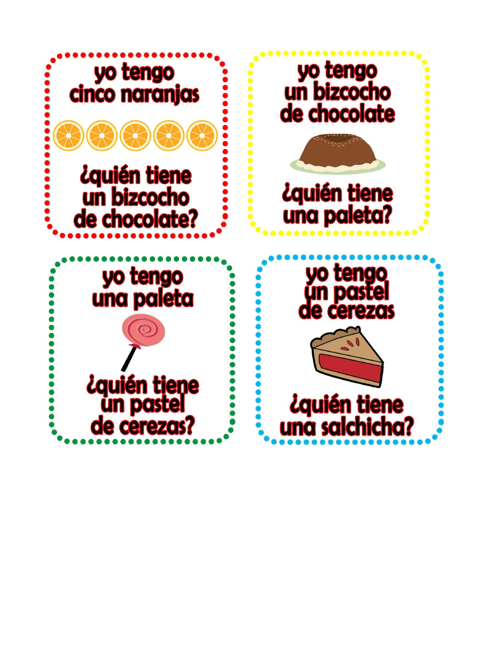 A page of four Very Hungry Caterpillar Yo Tengo cards: cinco naranjas, un bizcocho de chocolate, una paleta and un pastel de cerezas